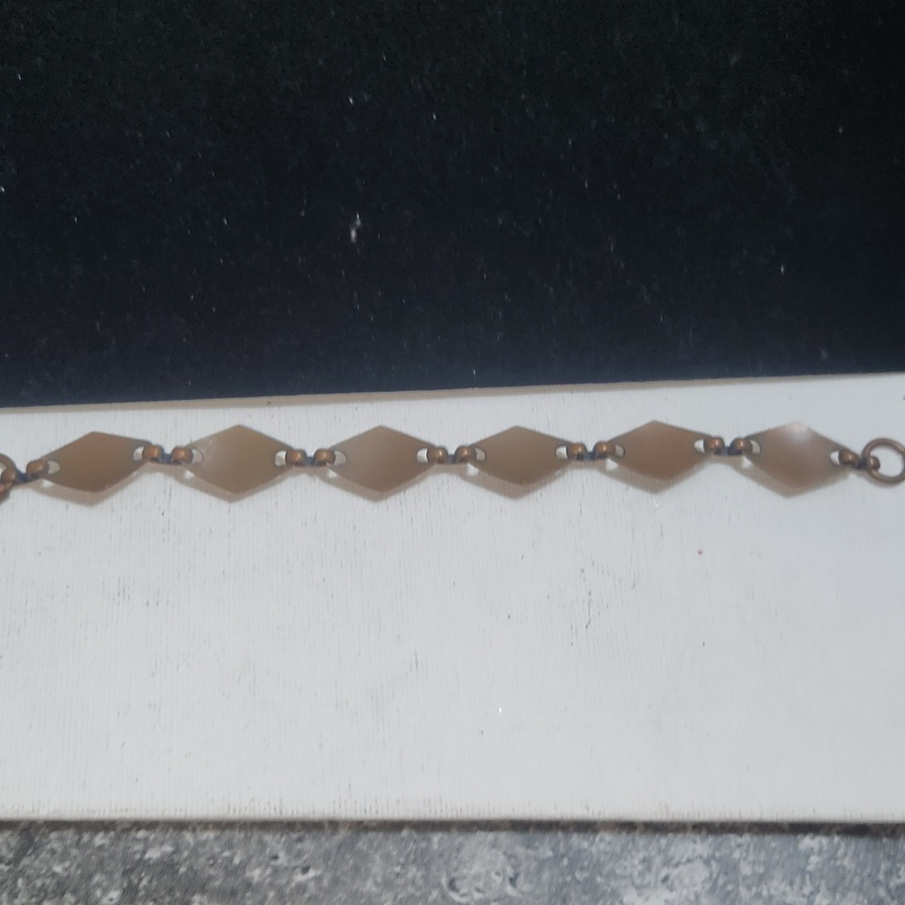 Vintage Copper Diamond Link Bracelet Textured Gold Tone Oval Accents Boho Retro - Picture 7 of 9